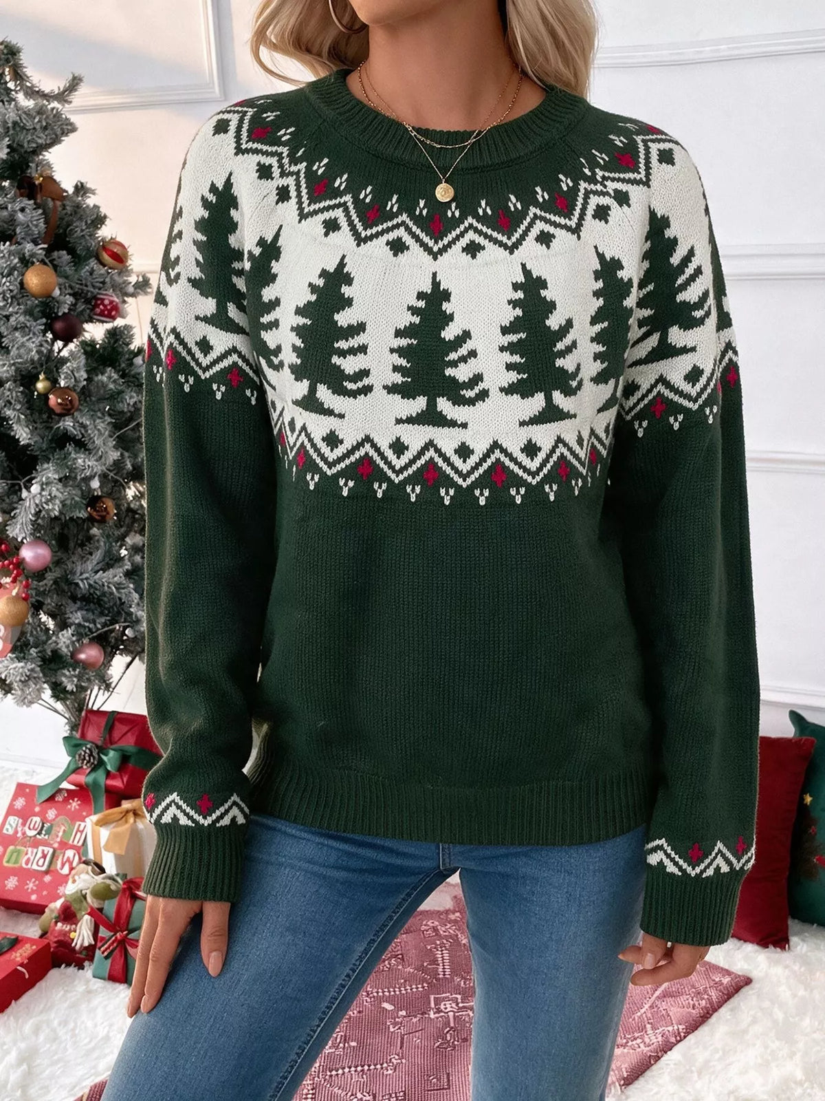 Christmas Tree Pattern Round Neck Sweater