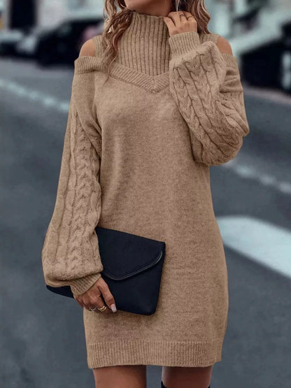 Cold Shoulder Cable Knit Mock Neck Sweater Dress