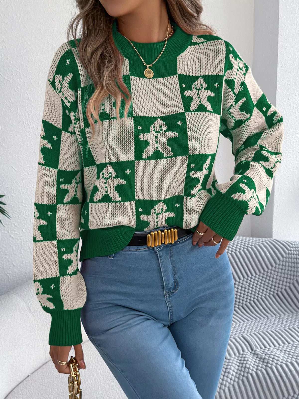 Christmas Checkerboard Gingerbread Round Neck Sweater