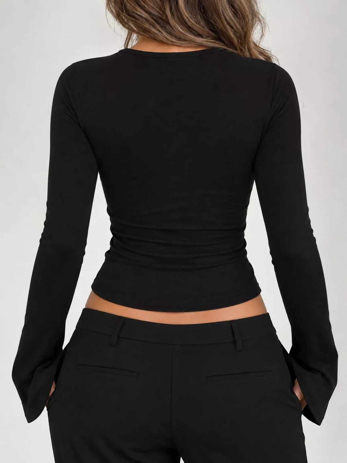 Lace Trim V-Neck Long Sleeve Slim Fit T-Shirt