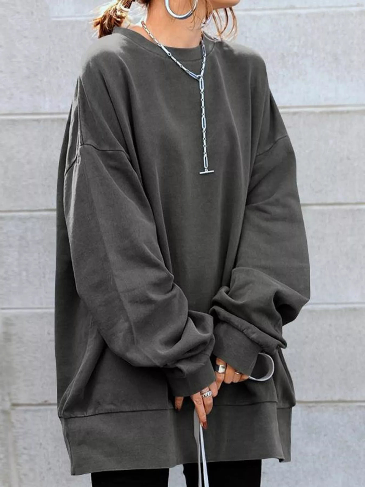 Full Size Solid Color Crew Neck Sweatshirt Plus Size