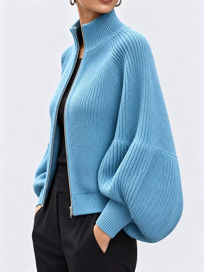 Full Size Elegant Ribbed Knit Zip-Up Cardigan with Lantern Sleeves Plus Size