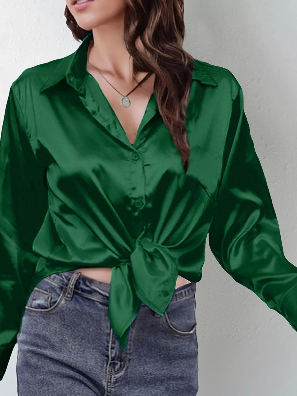 Satin Button-Down Long Sleeve Shirt