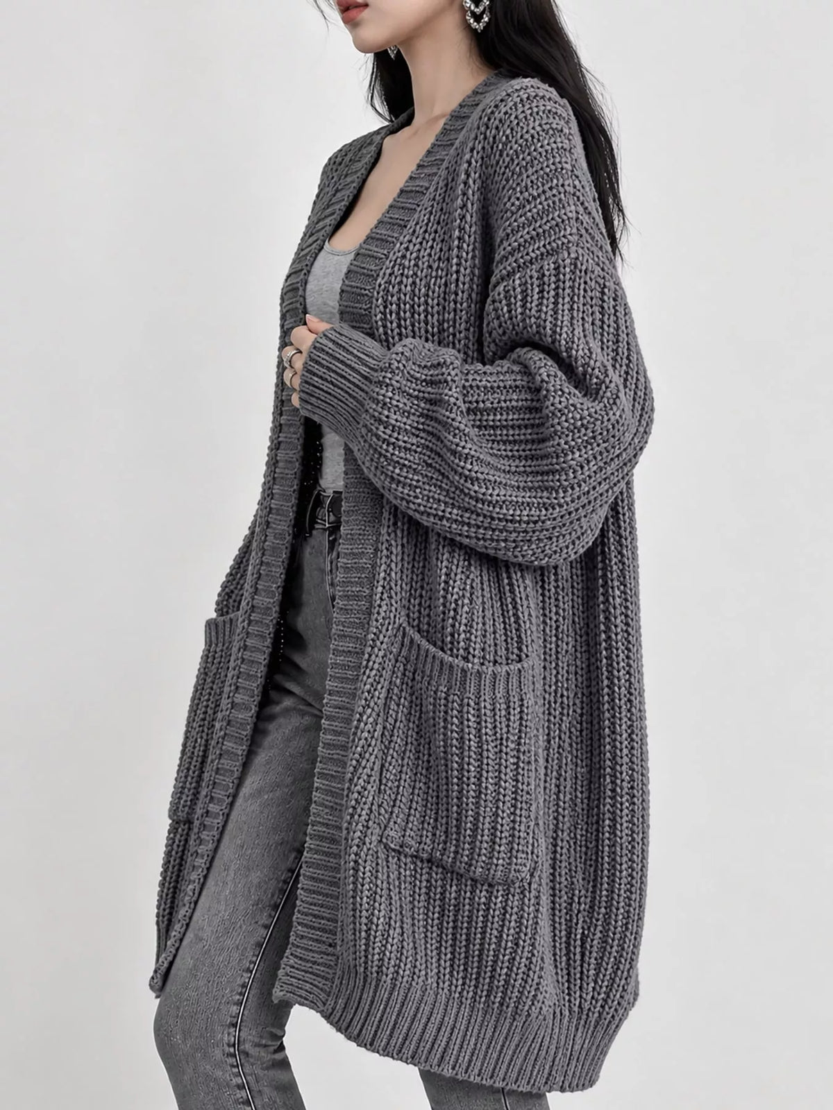 Full Size Chunky Knit Openwork Front Longline Cardigan Plus Size
