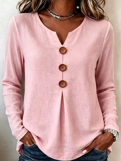 Full Size Long Sleeve Blouse with Decorative Wooden Buttons Plus Size