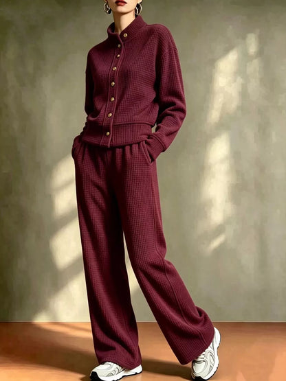 Waffle Knit Button-Up Outerwear and Wide-Leg Pants Set