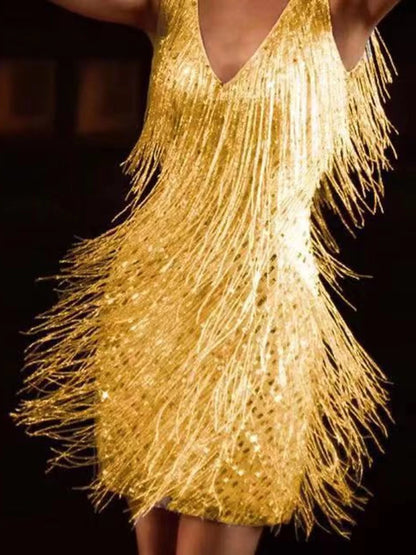 Full Size Fringe Sequin V-Neck Mini Dress Plus Size