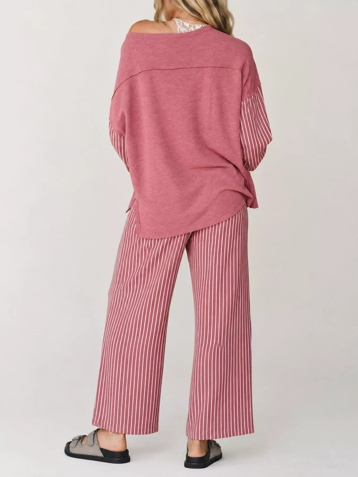 Striped Boat Neck Top and Wide-Leg Pants Set