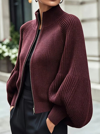 Full Size Elegant Ribbed Knit Zip-Up Cardigan with Lantern Sleeves Plus Size