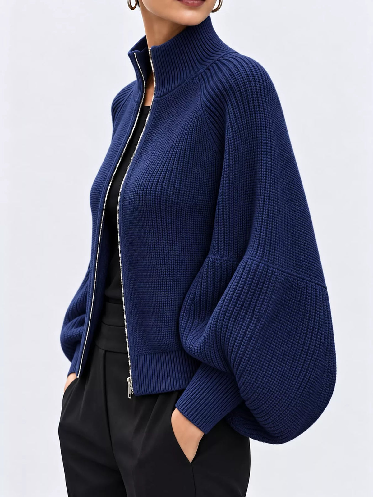 Full Size Elegant Ribbed Knit Zip-Up Cardigan with Lantern Sleeves Plus Size