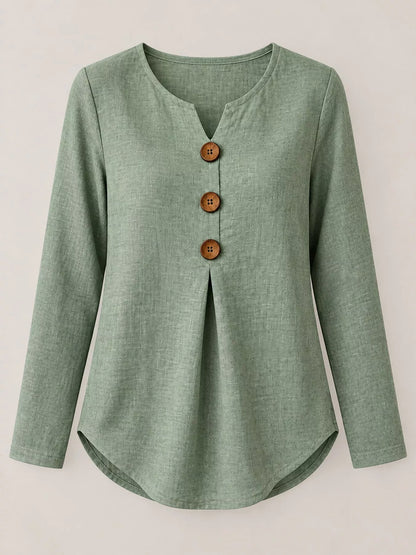 Full Size Long Sleeve Blouse with Decorative Wooden Buttons Plus Size