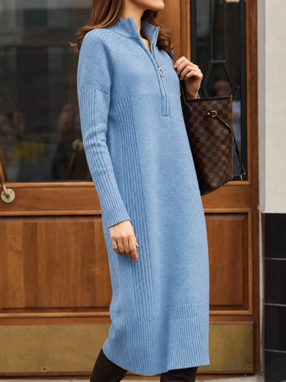 Half-Zip Ribbed Knit Sweater Dress