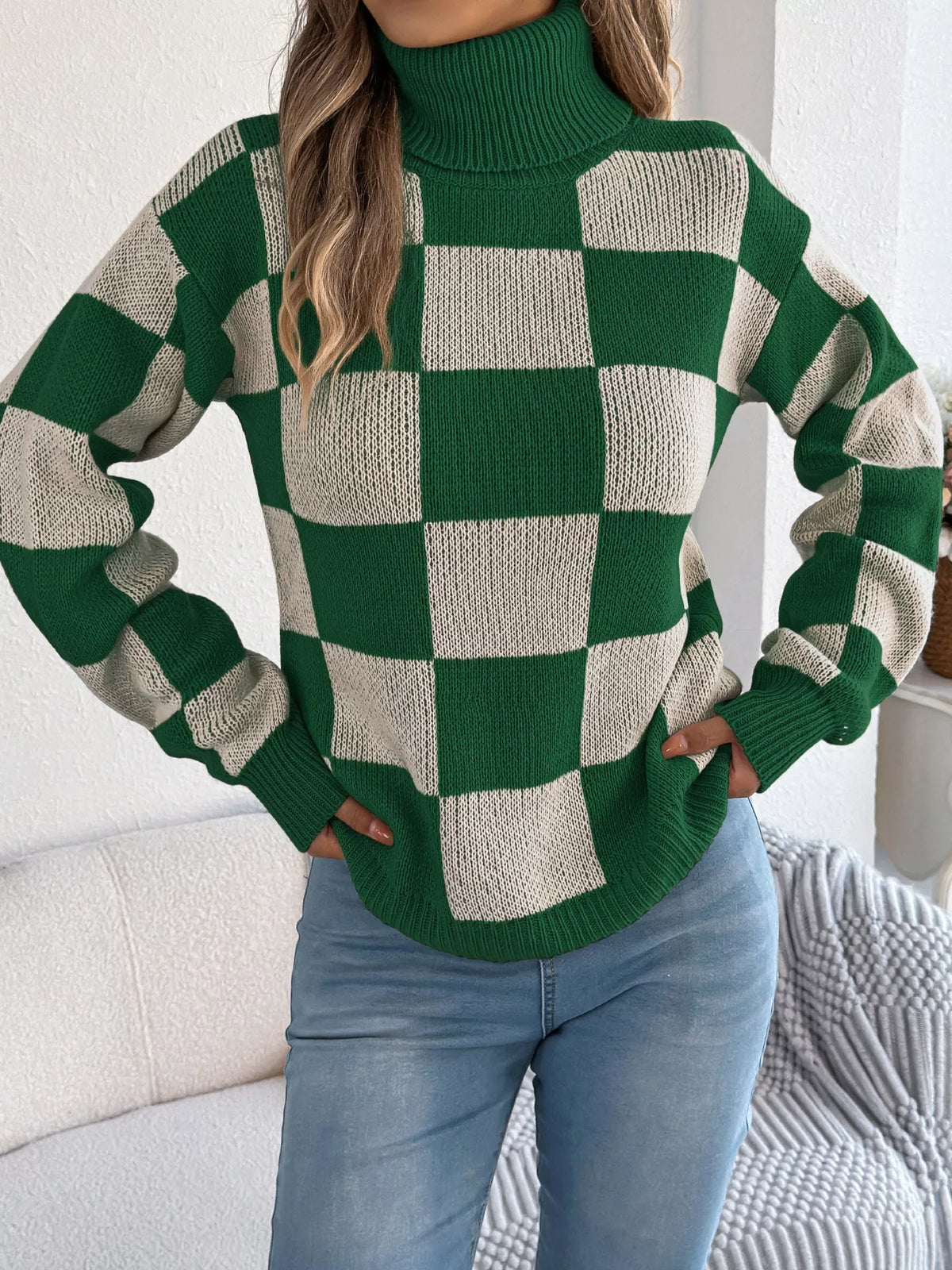 Checkered Turtleneck Long Sleeve Sweater