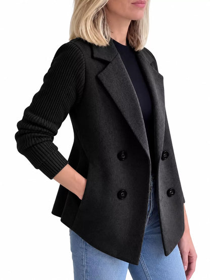 Full Size Double-Breasted Hybrid Blazer with Ribbed Knit Sleeves Plus Size