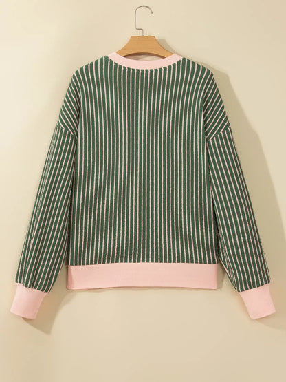 Striped V Neck Patchwork Long Sleeve Regular Fit Cardigan