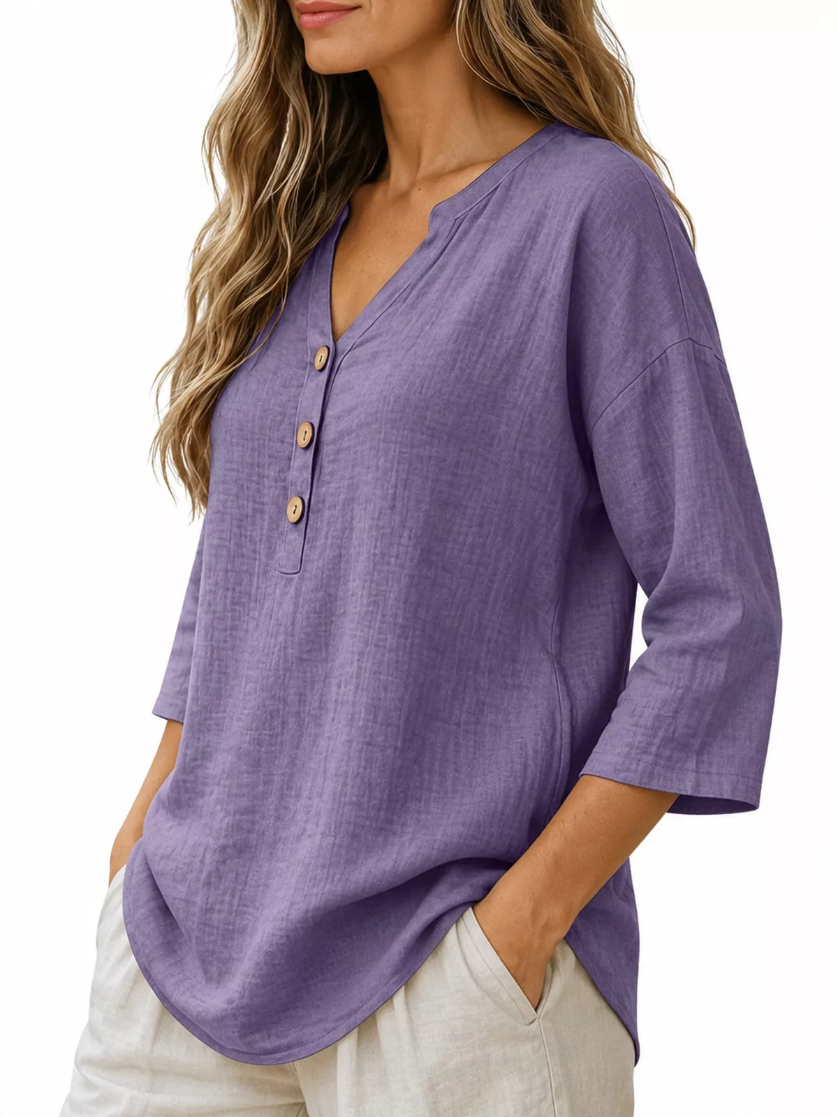 Full Size Button Detail Notched 3/4 Sleeve Blouse Plus Size