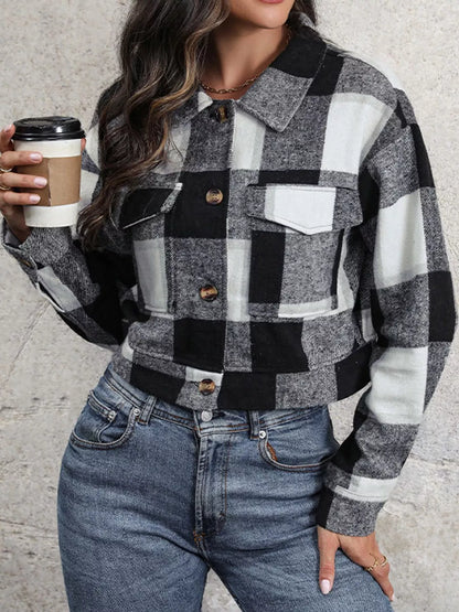 Plaid Button-Up Cropped Jacket