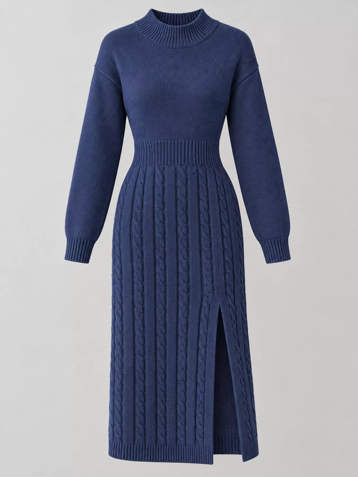Full Size Mock Neck Cable Knit Sweater Dress with Front Slit Plus Size