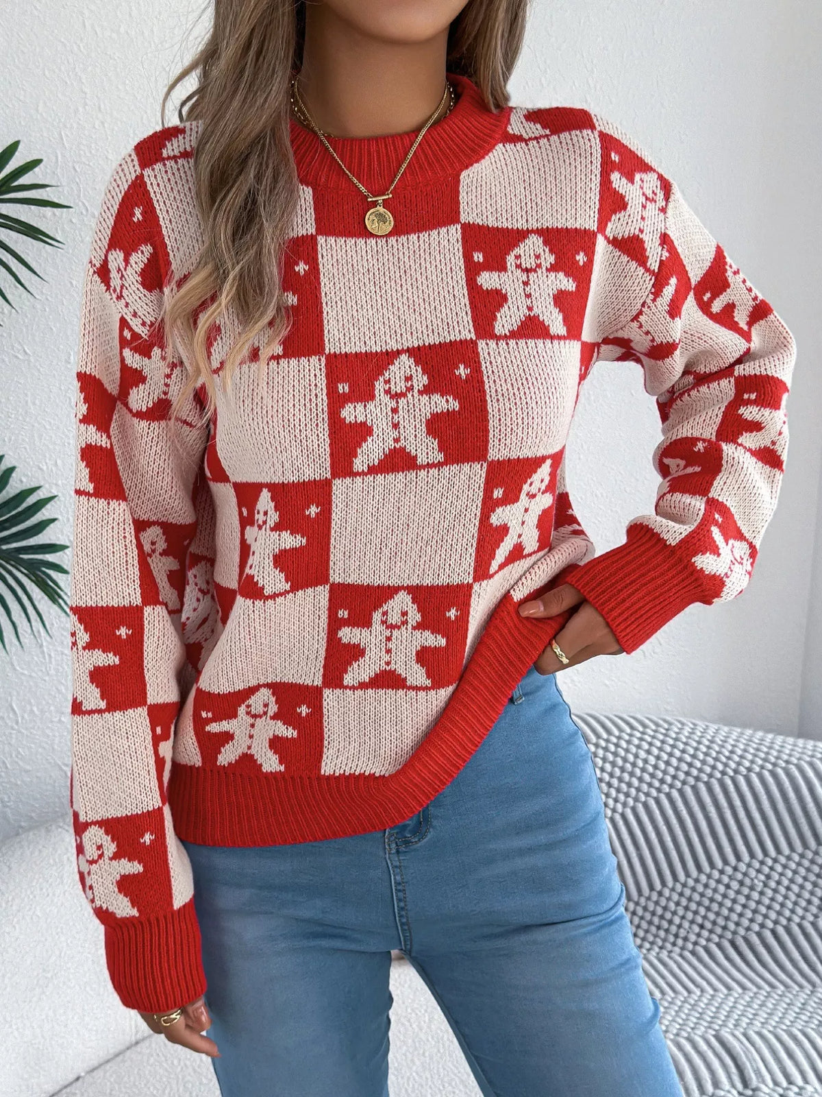 Christmas Checkerboard Gingerbread Round Neck Sweater