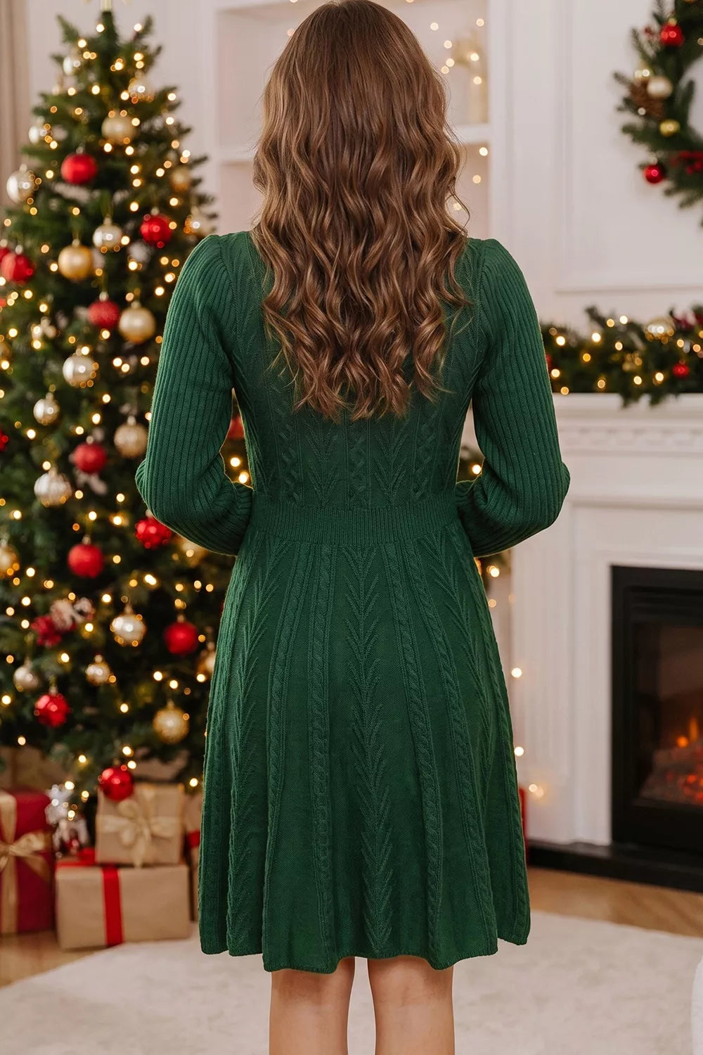 Ribbed Cable Knit Ribbon Knot Sweater Mini Dress