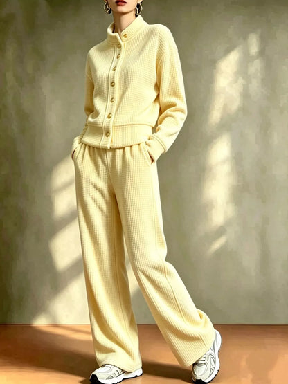 Waffle Knit Button-Up Outerwear and Wide-Leg Pants Set