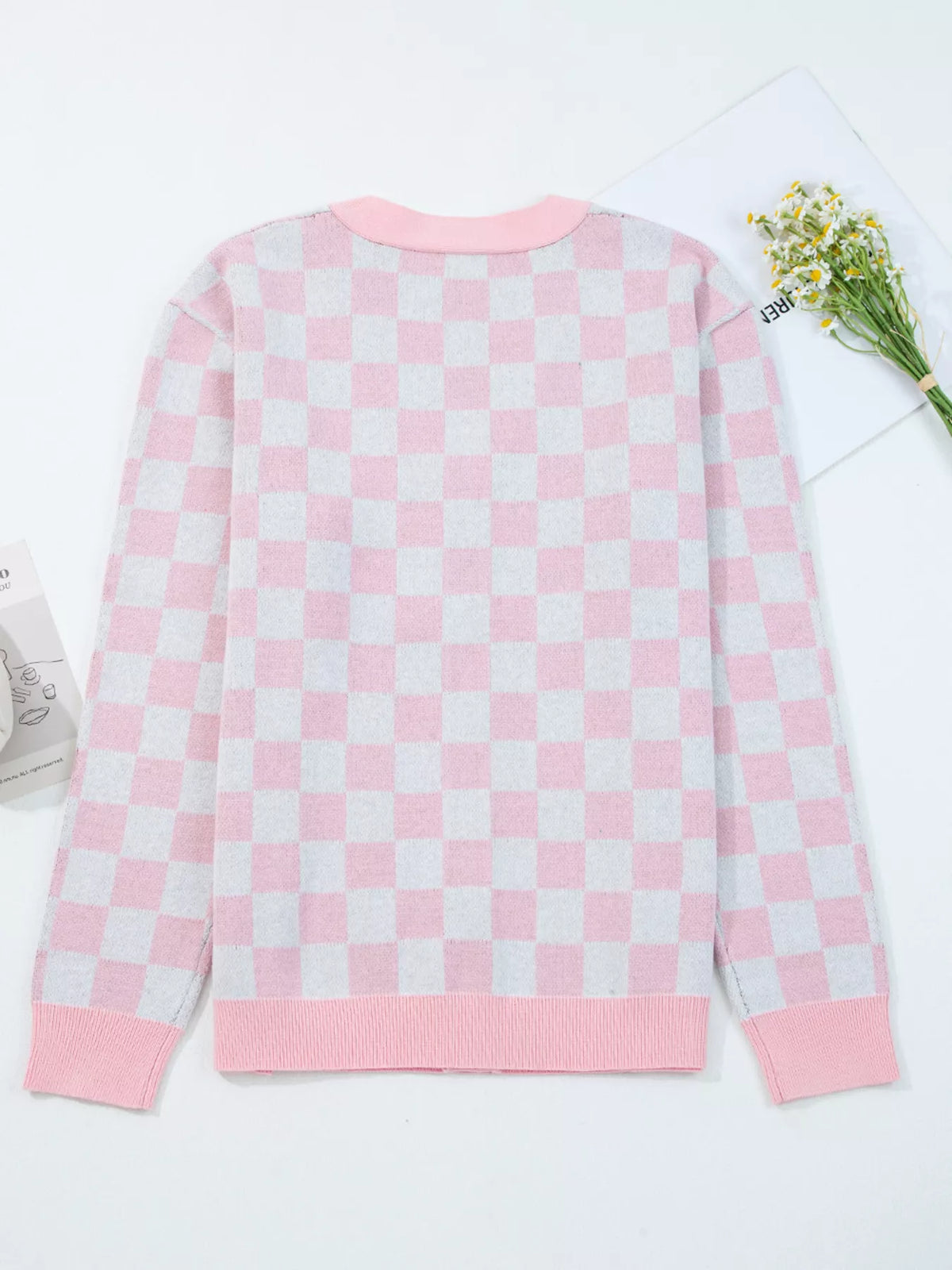 Christmas Tree Pattern Checkered Button V Neck Cardigan
