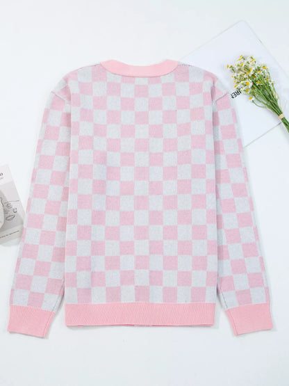 Christmas Tree Pattern Checkered Button V Neck Cardigan