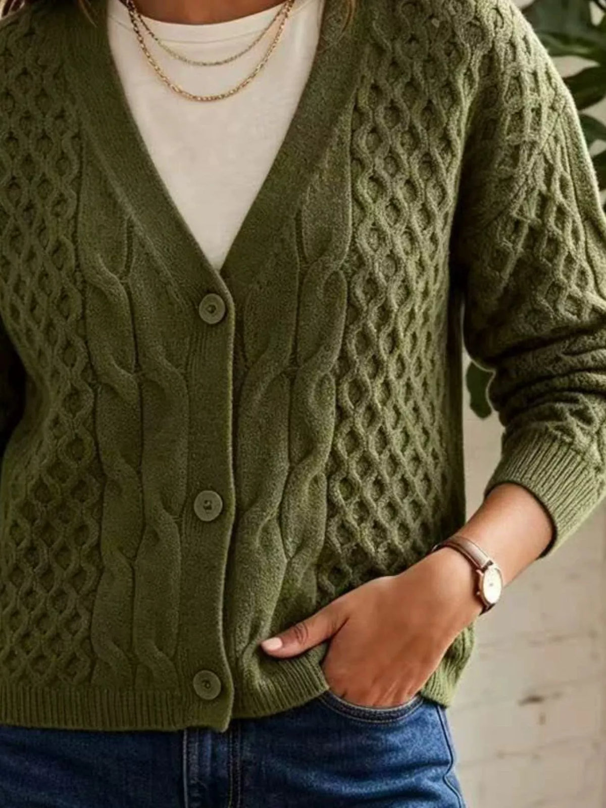Cable-Knit V-Neck Button-Down Cardigan
