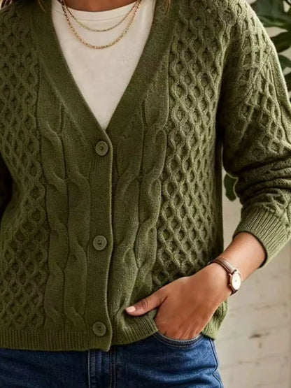Cable-Knit V-Neck Button-Down Cardigan