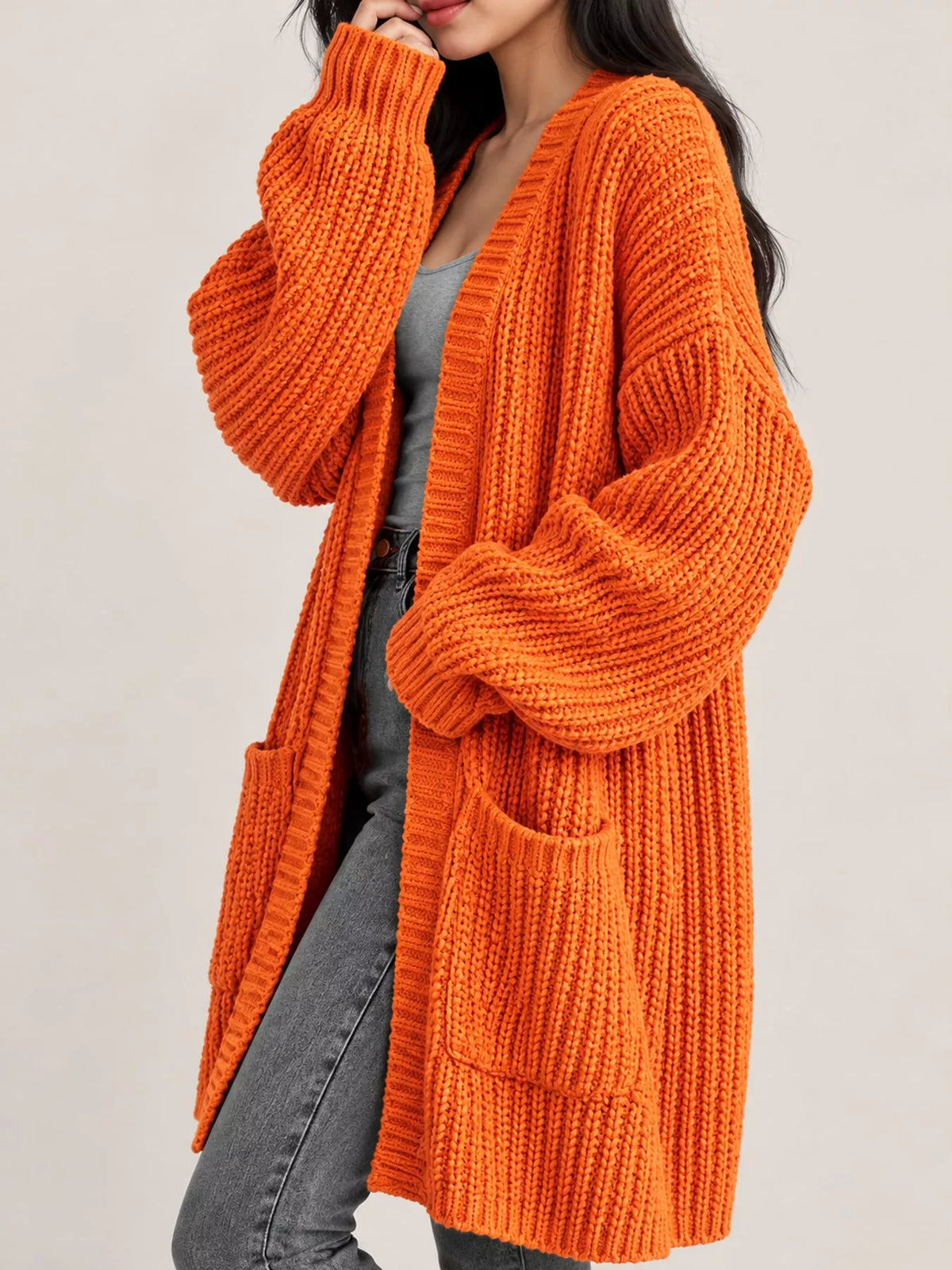 Full Size Chunky Knit Openwork Front Longline Cardigan Plus Size