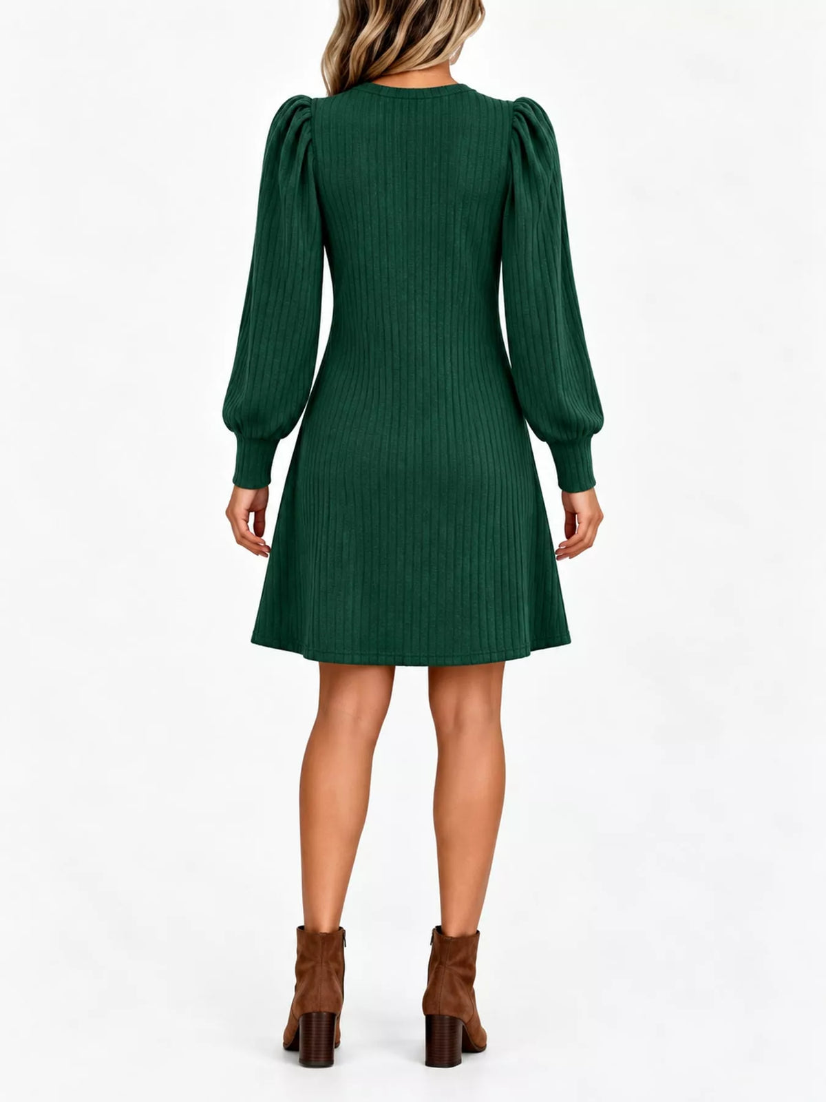 Puff Sleeve Ribbed Knit Dress with Pockets
