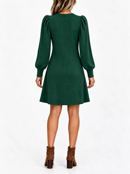 Puff Sleeve Ribbed Knit Dress with Pockets