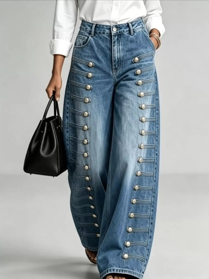 Decorative Button Wide-Leg Jeans