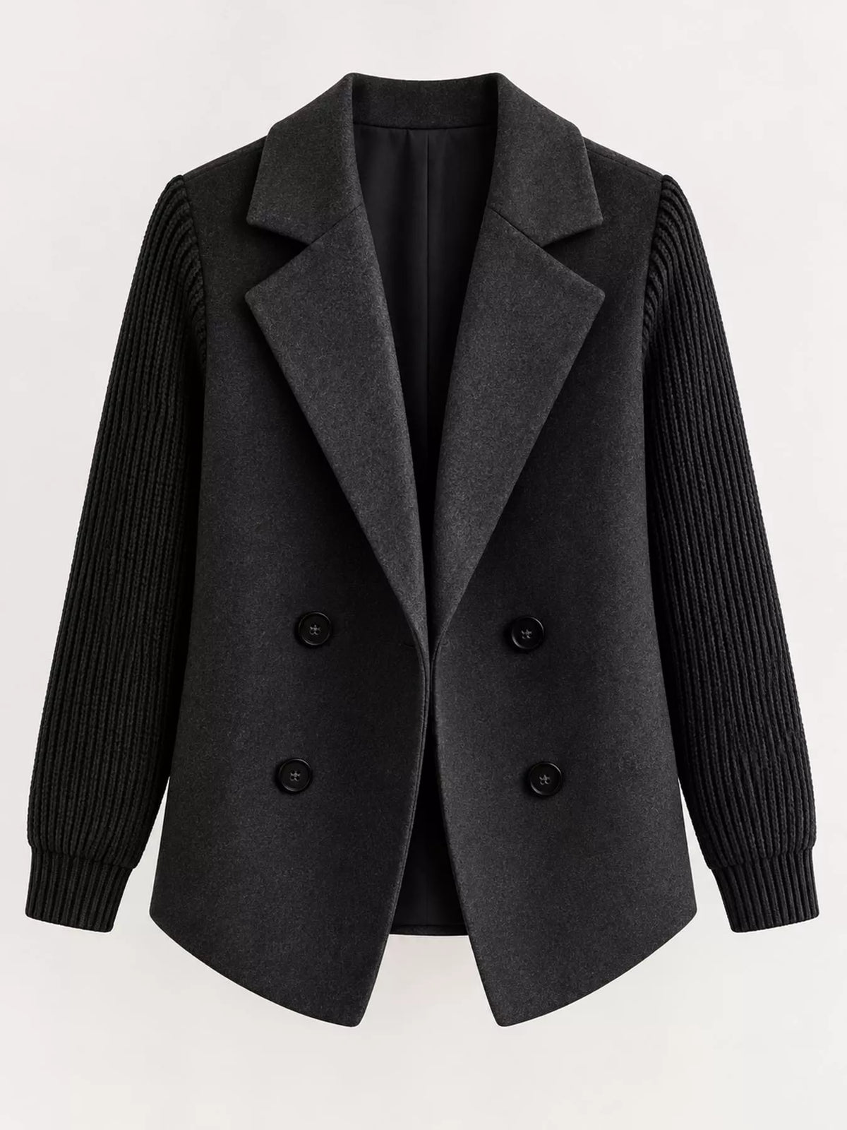 Full Size Double-Breasted Hybrid Blazer with Ribbed Knit Sleeves Plus Size