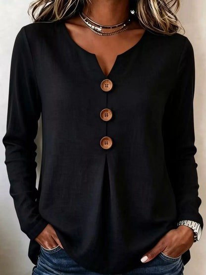 Full Size Long Sleeve Blouse with Decorative Wooden Buttons Plus Size