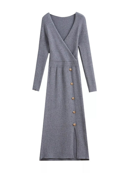 Decorative Button Ribbed Knit Sweater Dress