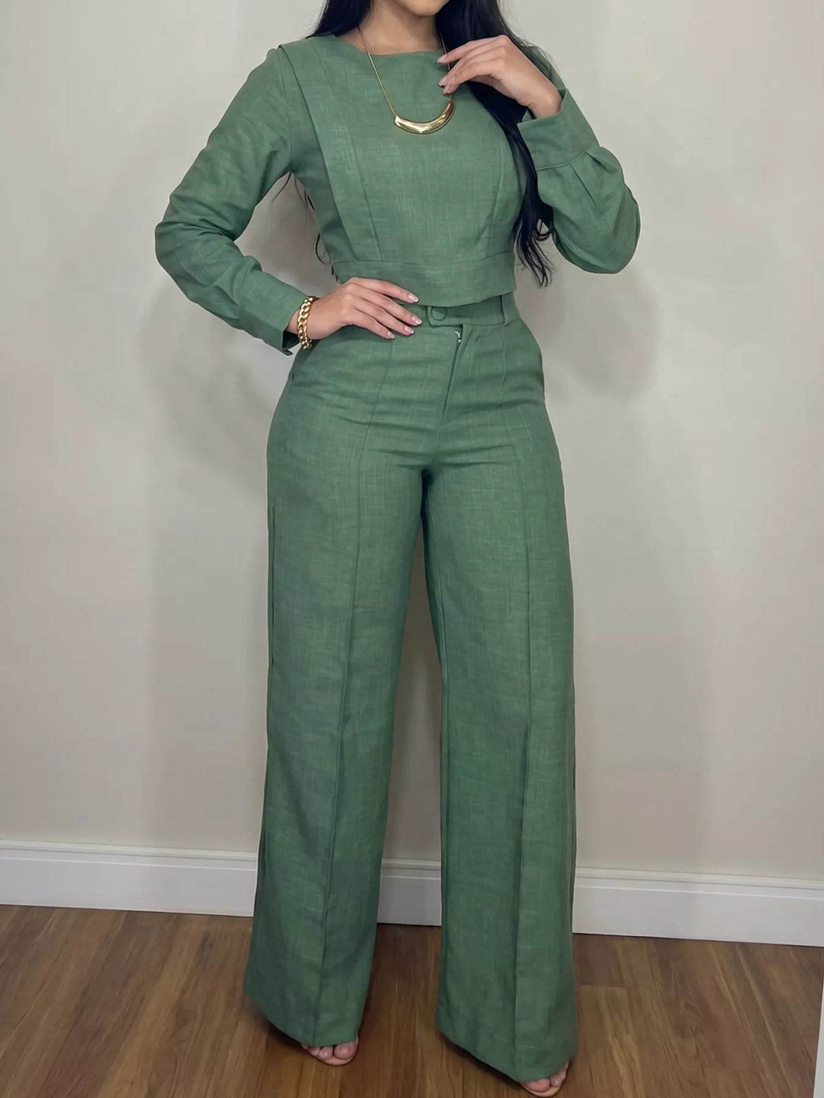 Long-Sleeve Crop Top and Wide-Leg Pants Set