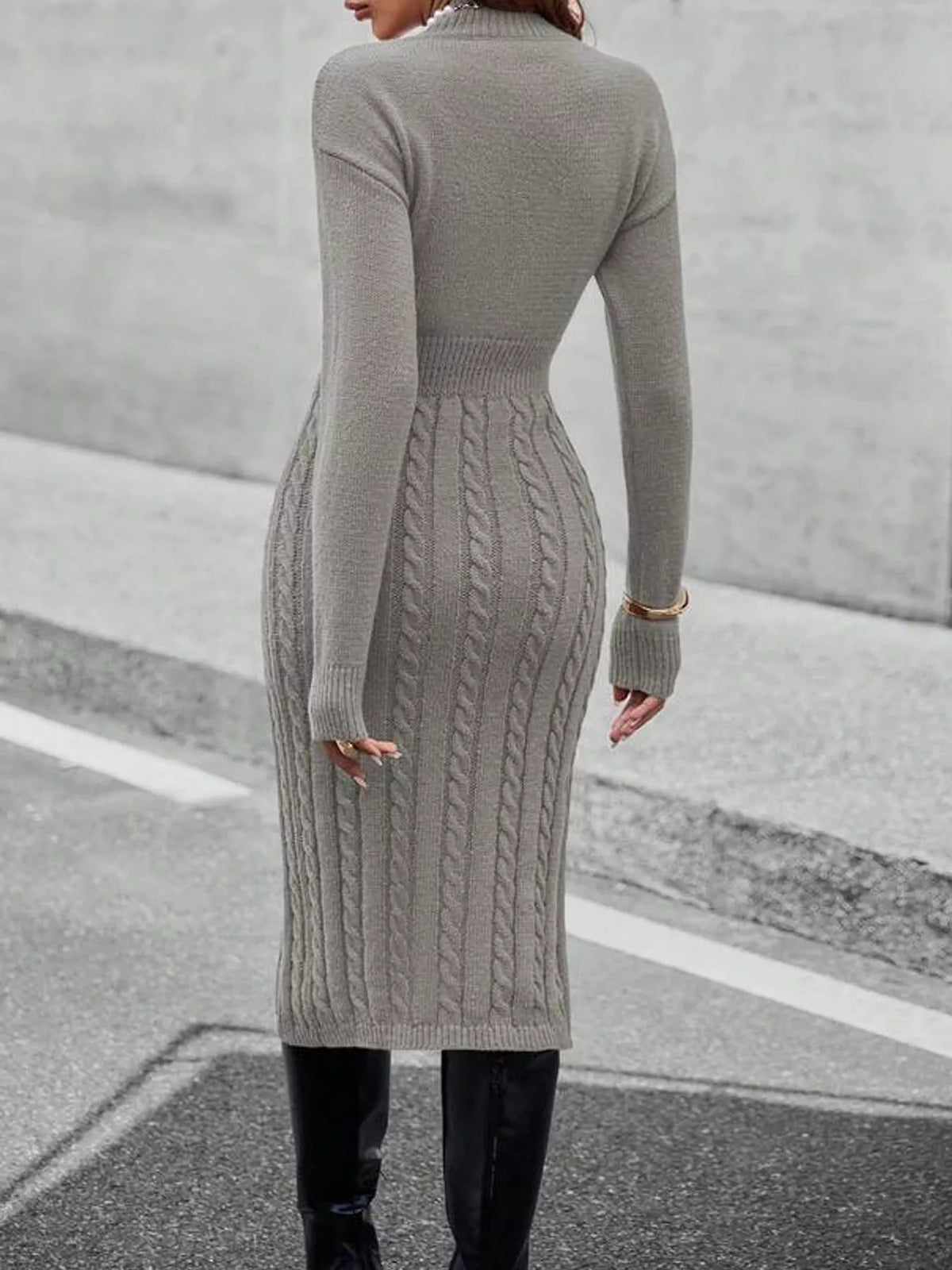 Full Size Mock Neck Cable Knit Sweater Dress with Front Slit Plus Size