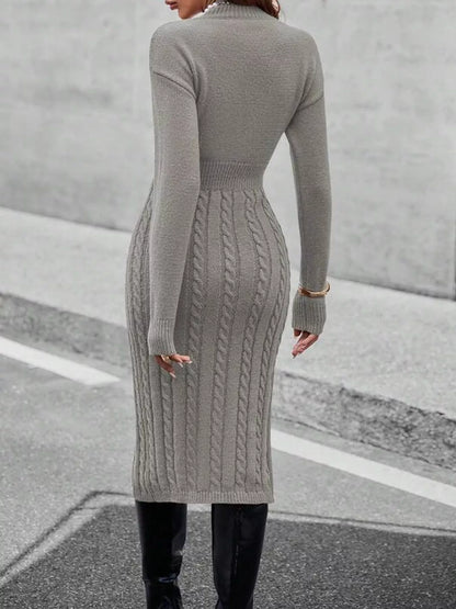 Full Size Mock Neck Cable Knit Sweater Dress with Front Slit Plus Size