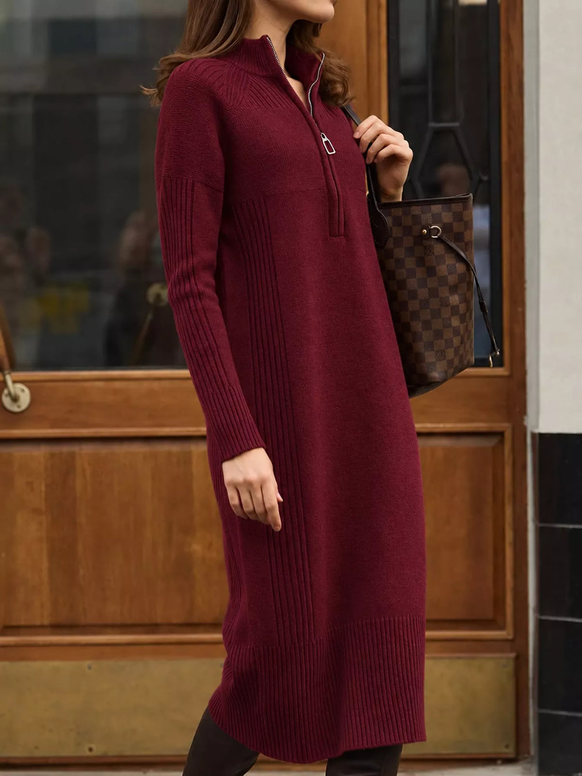 Half-Zip Ribbed Knit Sweater Dress