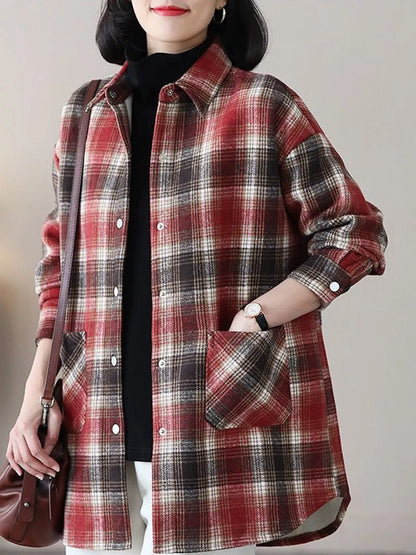 Oversized Plaid Long Sleeve Brushed Shirt with Fleece Lining
