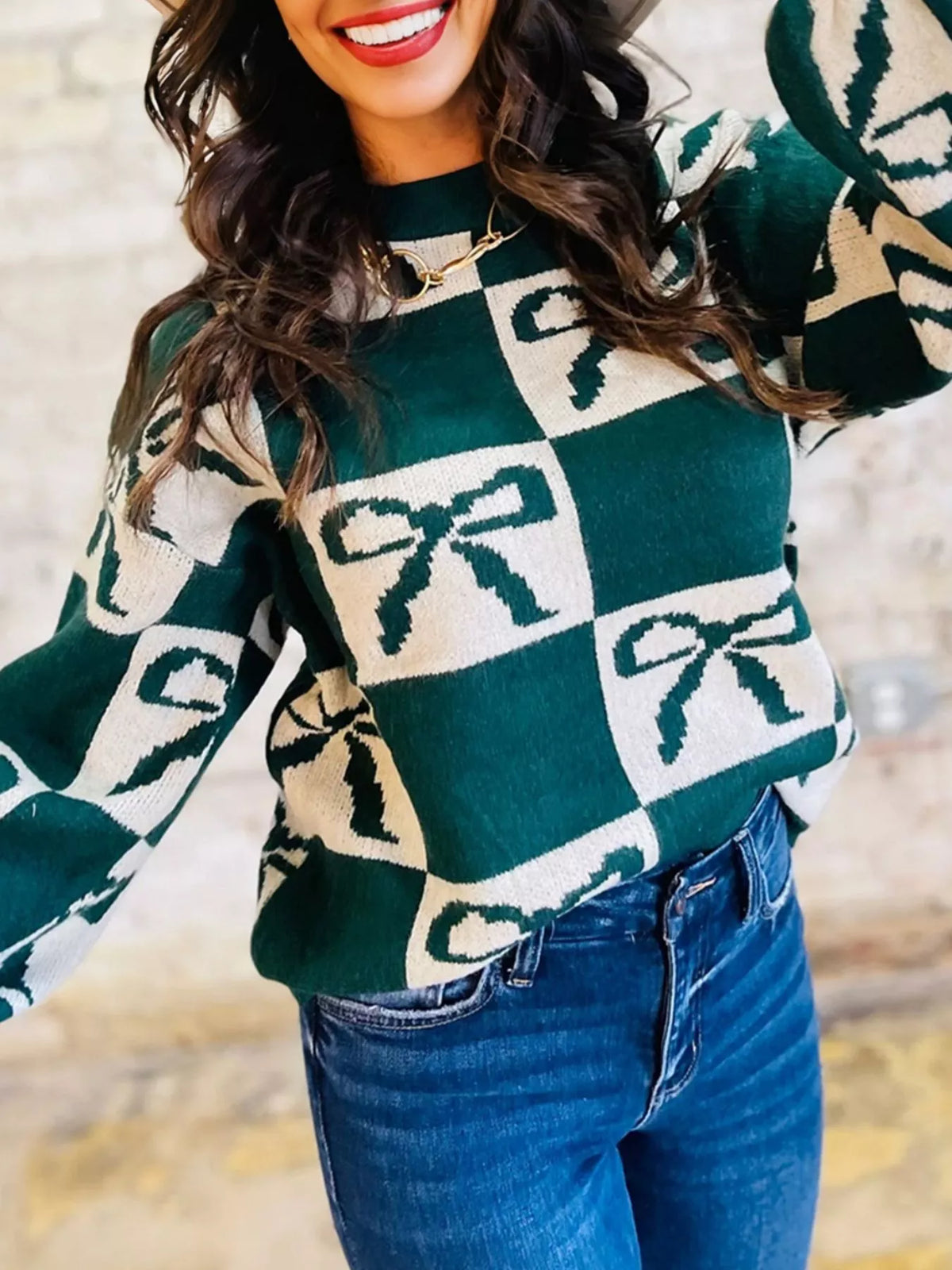 Checkered Bow Round Neck Casual Sweater