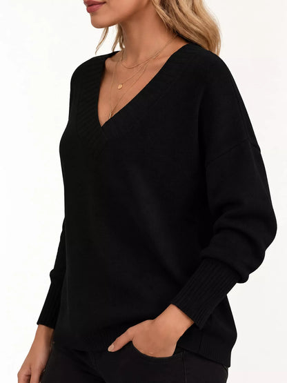 Full Size V-Neck Dropped Shoulder Sweater Plus Size