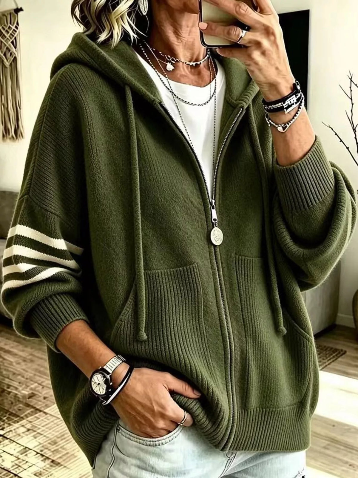 Full Size Casual Hooded Zip-Up Knit Cardigan Plus Size