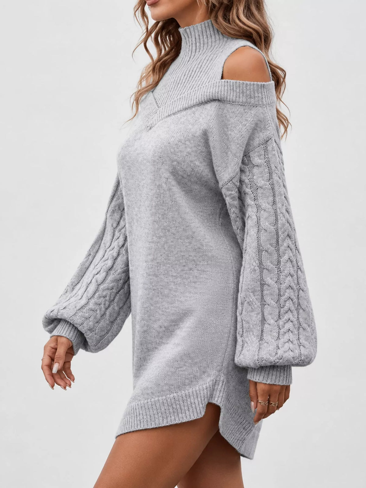 Cold Shoulder Cable Knit Mock Neck Sweater Dress