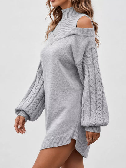 Cold Shoulder Cable Knit Mock Neck Sweater Dress