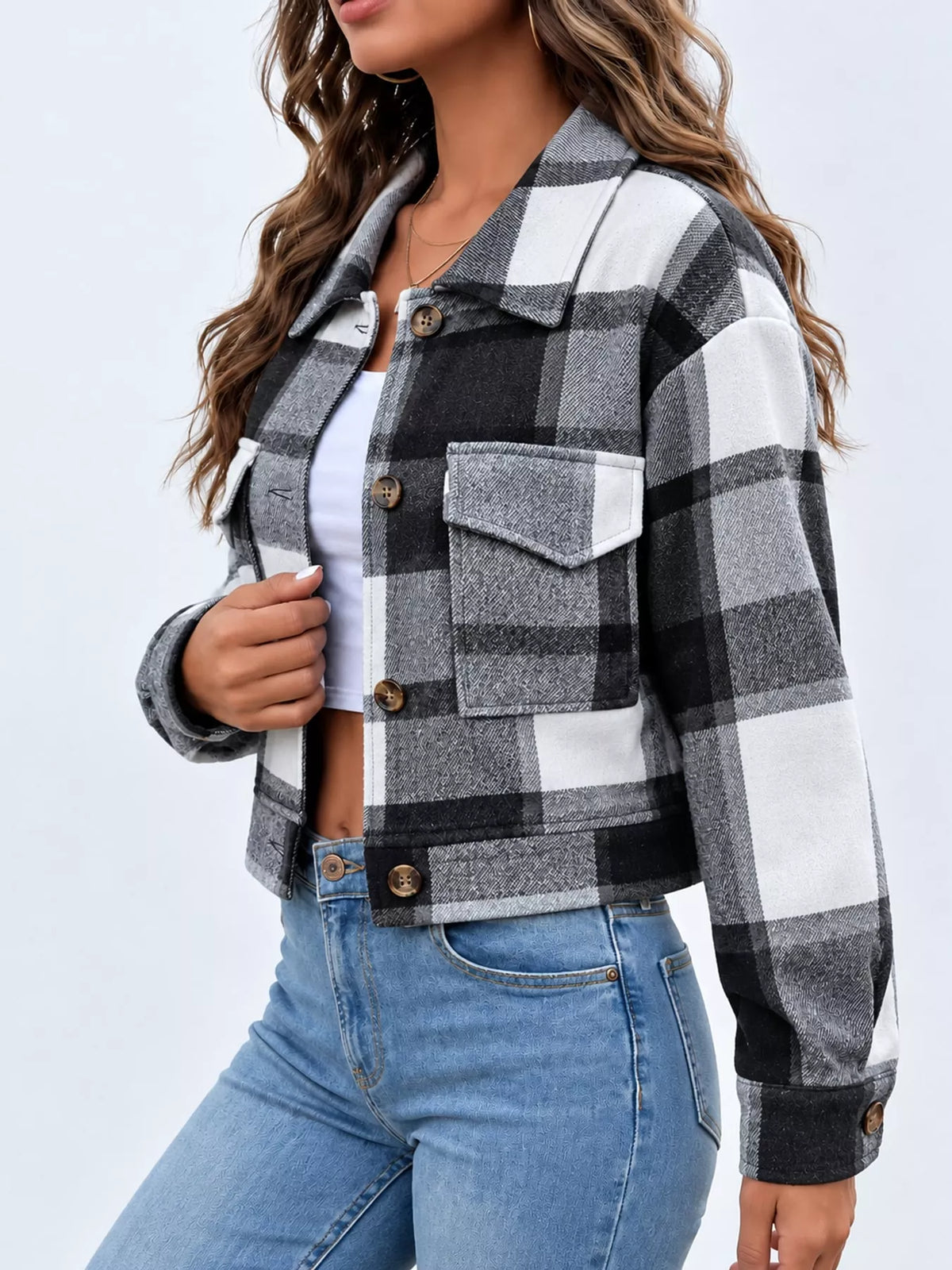 Plaid Button-Up Cropped Jacket