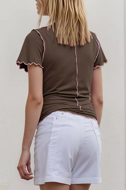 Basic Bae Mock Neck Wave Edge Contrast Stitching Ruffle Short Sleeve Slim Fit Casual Top