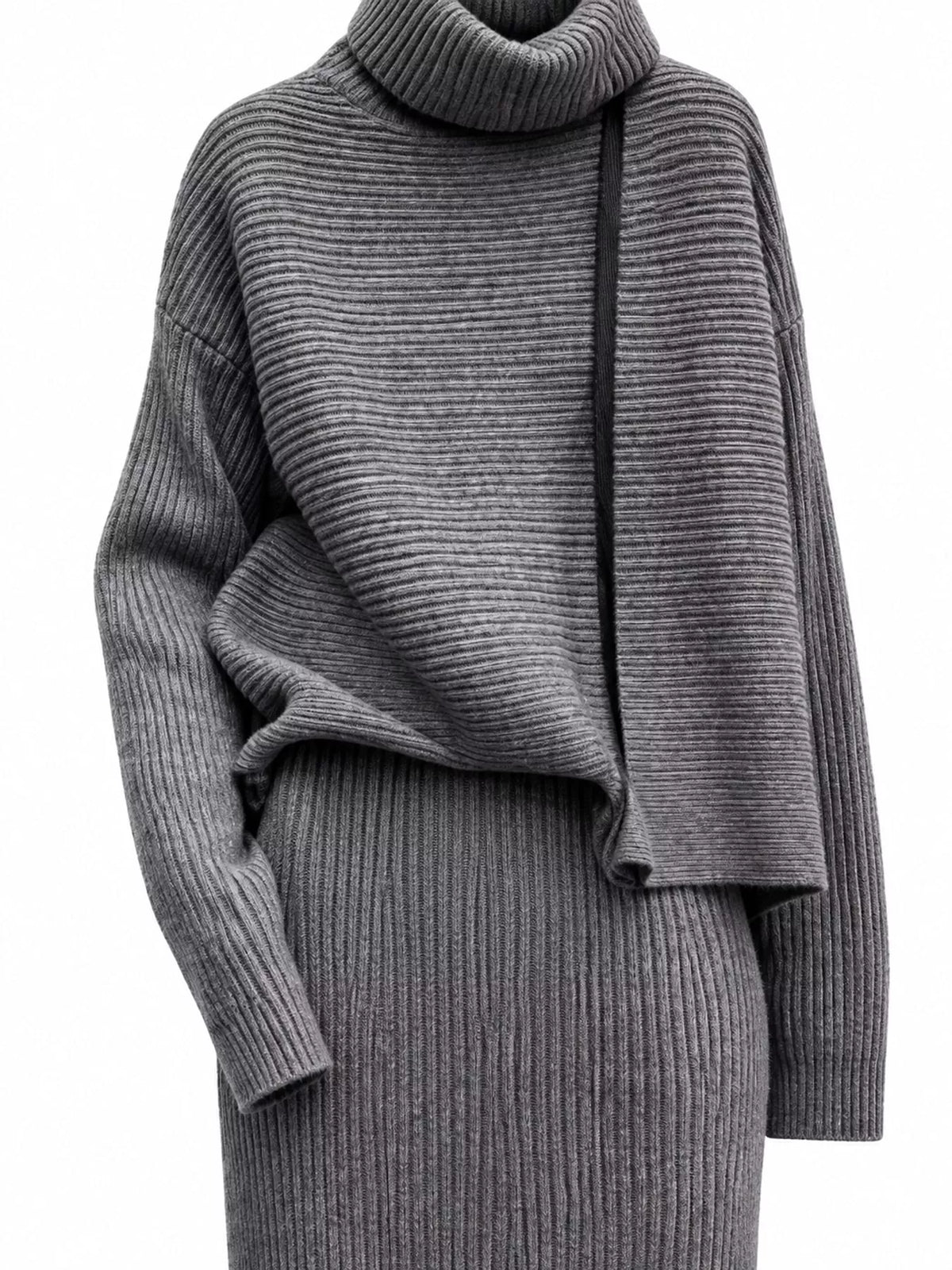Ribbed Turtleneck Sweater Set with Matching Midi Skirt