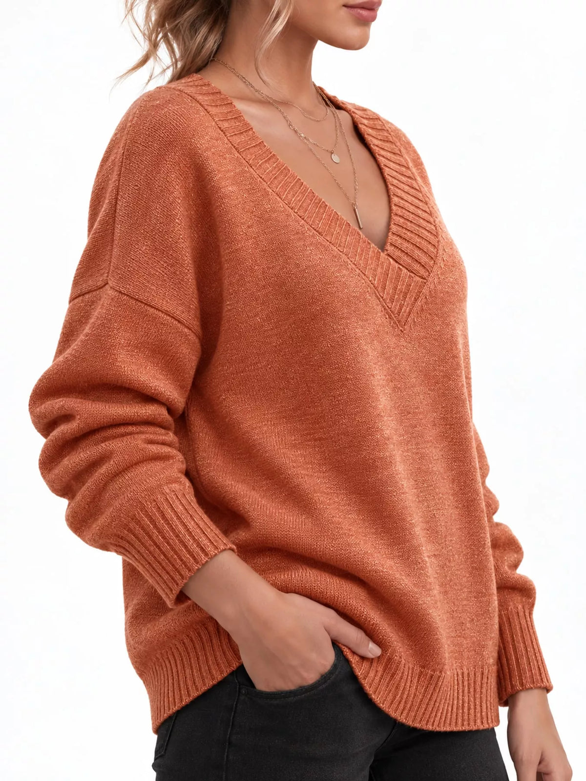 Full Size V-Neck Dropped Shoulder Sweater Plus Size